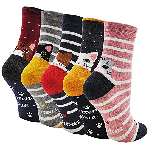 Womens Cotton Cute Animal Socks : Funny Soft Cat Dog Cotton Stocking Multipack for Thermal Warm Socks for Winter Christmas 5 Pairs