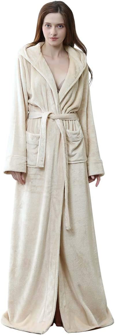 Long Hooded Robe for Women Luxurious Flannel Fleece Full Length Bathrobe Winter Warm Pajamas Shower Nightgown