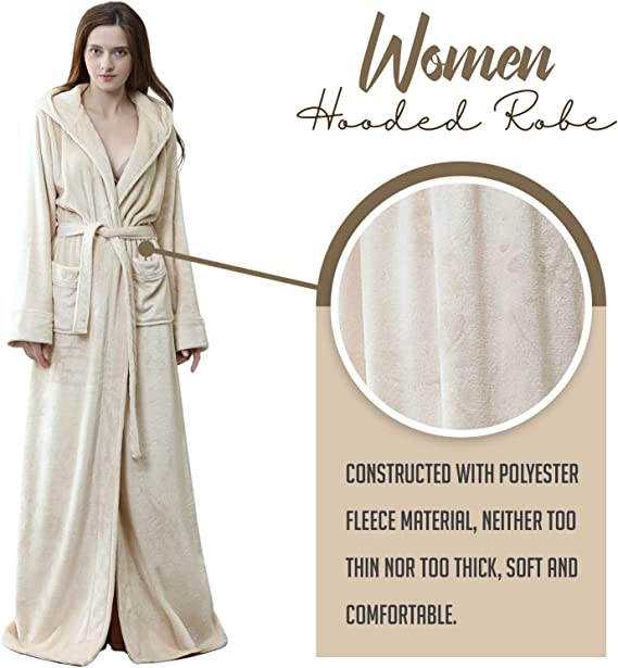 Long Hooded Robe for Women Luxurious Flannel Fleece Full Length Bathrobe Winter Warm Pajamas Shower Nightgown