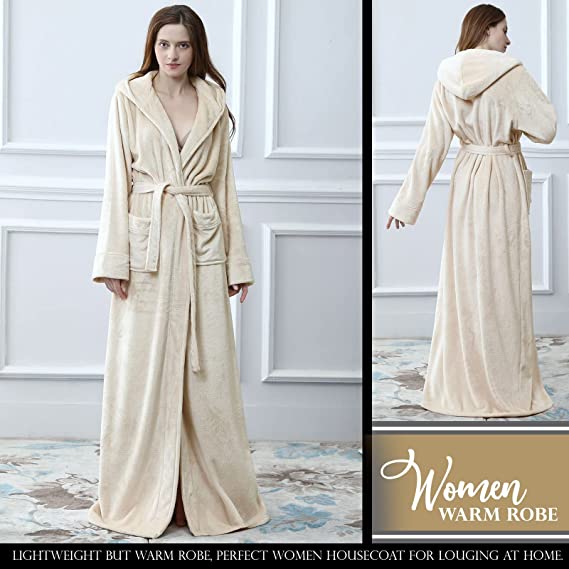 Long Hooded Robe for Women Luxurious Flannel Fleece Full Length Bathrobe Winter Warm Pajamas Shower Nightgown