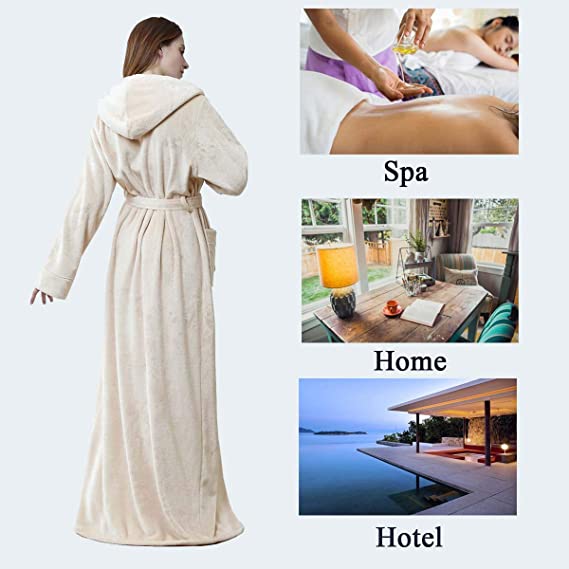 Long Hooded Robe for Women Luxurious Flannel Fleece Full Length Bathrobe Winter Warm Pajamas Shower Nightgown