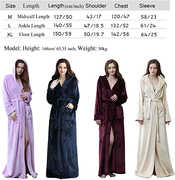 Long Hooded Robe for Women Luxurious Flannel Fleece Full Length Bathrobe Winter Warm Pajamas Shower Nightgown