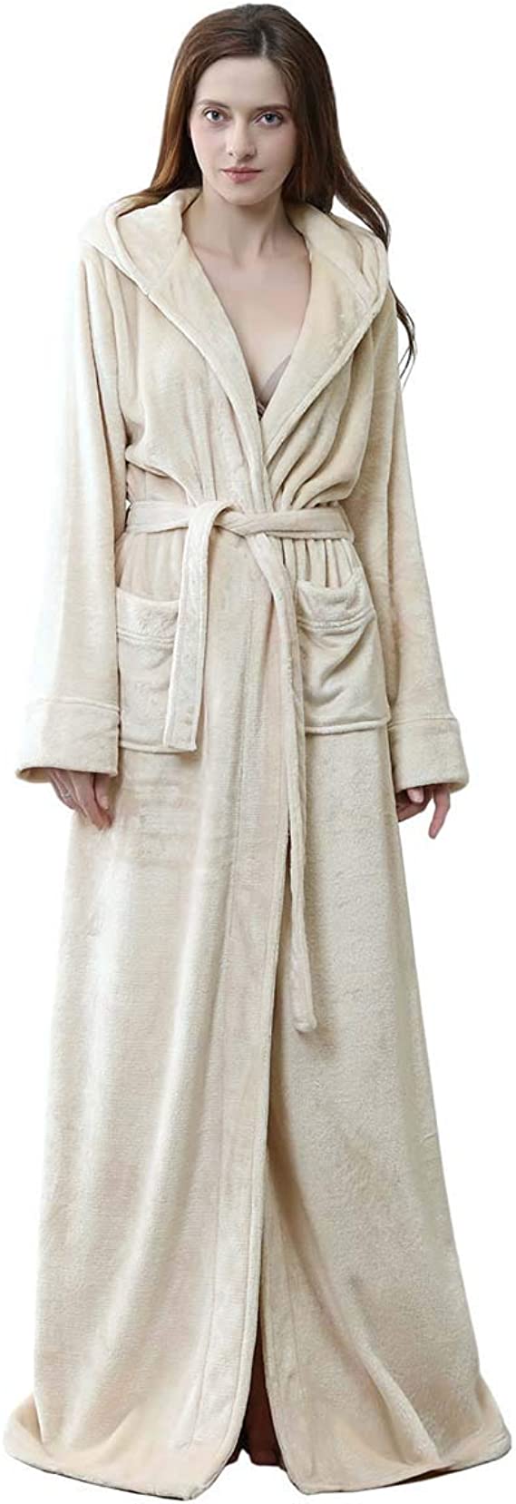 Long Hooded Robe for Women Luxurious Flannel Fleece Full Length Bathrobe Winter Warm Pajamas Shower Nightgown