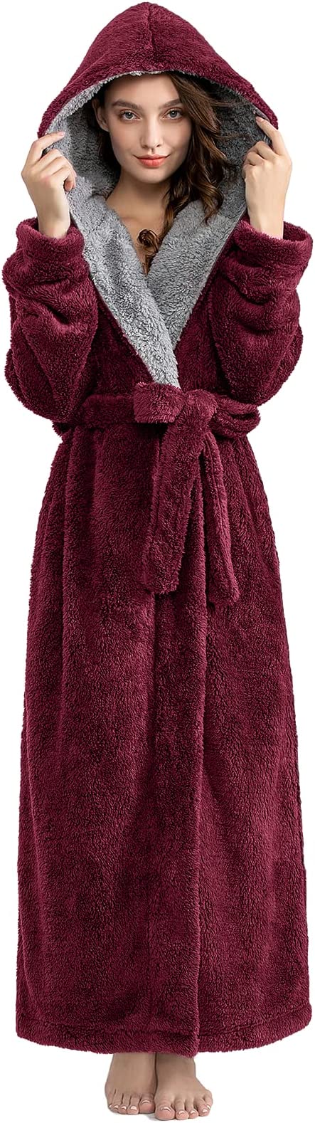 Long Hooded Robe for Women Luxurious Flannel Fleece Full Length Bathrobe Winter Warm Pajamas Shower Nightgown