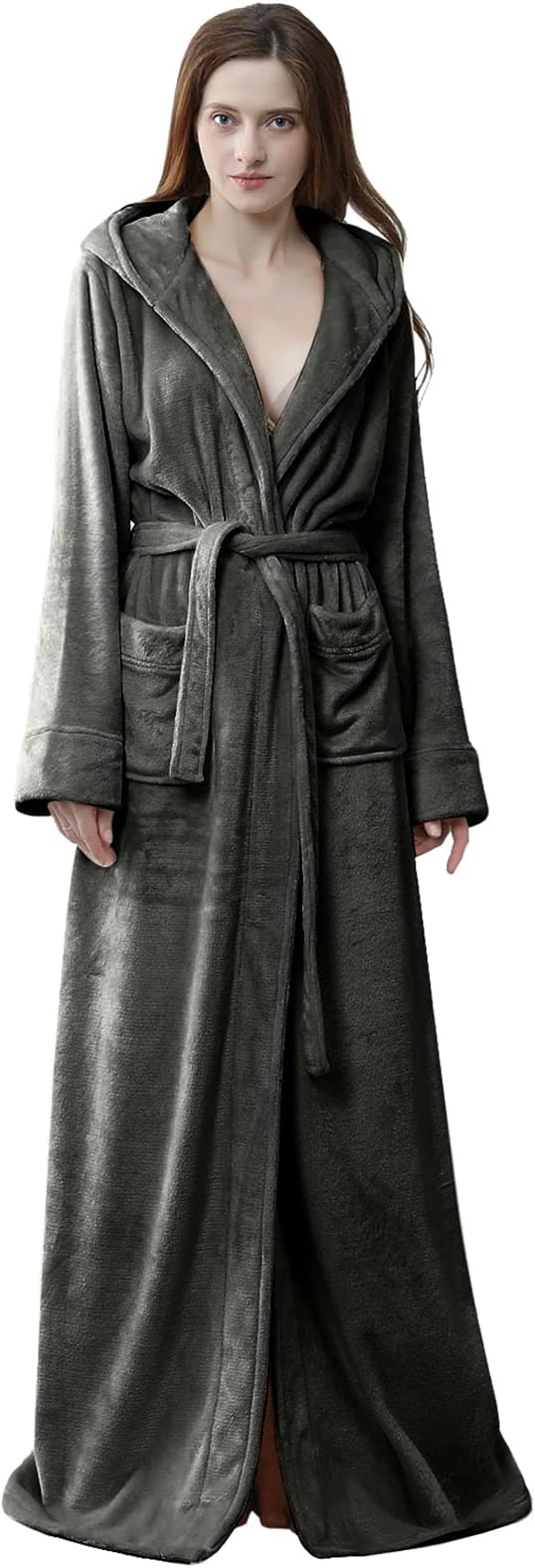 Long Hooded Robe for Women Luxurious Flannel Fleece Full Length Bathrobe Winter Warm Pajamas Shower Nightgown