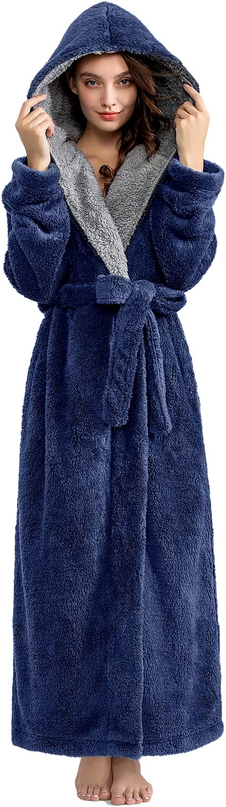 Long Hooded Robe for Women Luxurious Flannel Fleece Full Length Bathrobe Winter Warm Pajamas Shower Nightgown