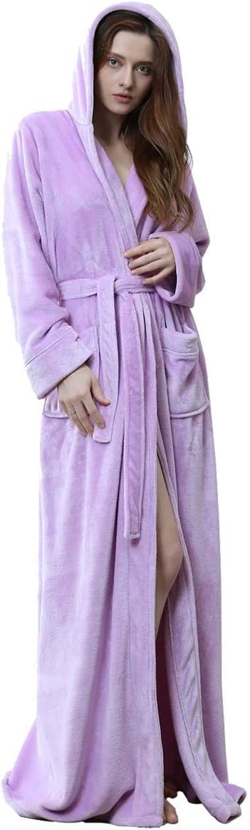 Long Hooded Robe for Women Luxurious Flannel Fleece Full Length Bathrobe Winter Warm Pajamas Shower Nightgown