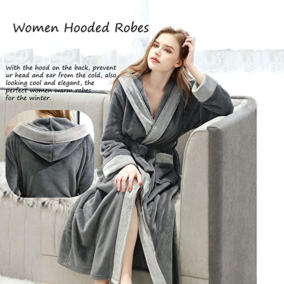 Long Hooded Bathrobe for Womens Flannel Fleece Robes Winter Warm Housecoat Nightgown Sleepwear Pajamas