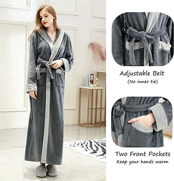 Long Hooded Bathrobe for Womens Flannel Fleece Robes Winter Warm Housecoat Nightgown Sleepwear Pajamas