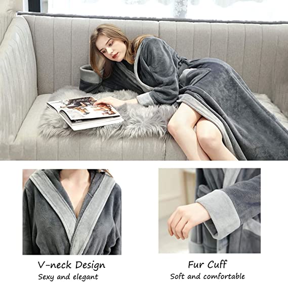 Long Hooded Bathrobe for Womens Flannel Fleece Robes Winter Warm Housecoat Nightgown Sleepwear Pajamas