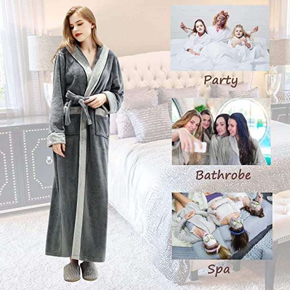 Long Hooded Bathrobe for Womens Flannel Fleece Robes Winter Warm Housecoat Nightgown Sleepwear Pajamas