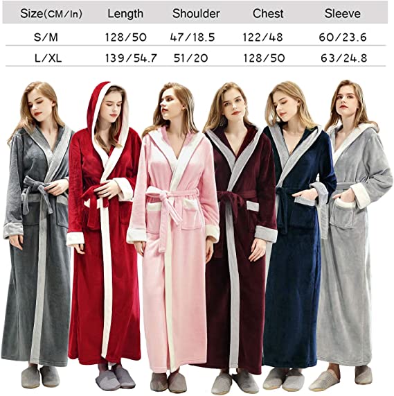 Long Hooded Bathrobe for Womens Flannel Fleece Robes Winter Warm Housecoat Nightgown Sleepwear Pajamas