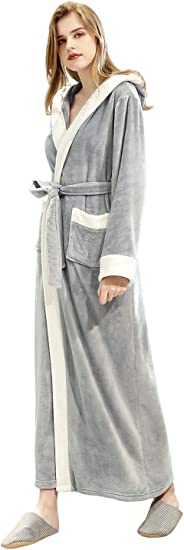 Long Hooded Bathrobe for Womens Flannel Fleece Robes Winter Warm Housecoat Nightgown Sleepwear Pajamas