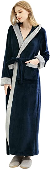 Long Hooded Bathrobe for Womens Flannel Fleece Robes Winter Warm Housecoat Nightgown Sleepwear Pajamas