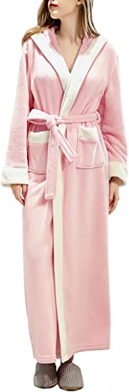 Long Hooded Bathrobe for Womens Flannel Fleece Robes Winter Warm Housecoat Nightgown Sleepwear Pajamas