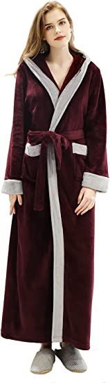 Long Hooded Bathrobe for Womens Flannel Fleece Robes Winter Warm Housecoat Nightgown Sleepwear Pajamas