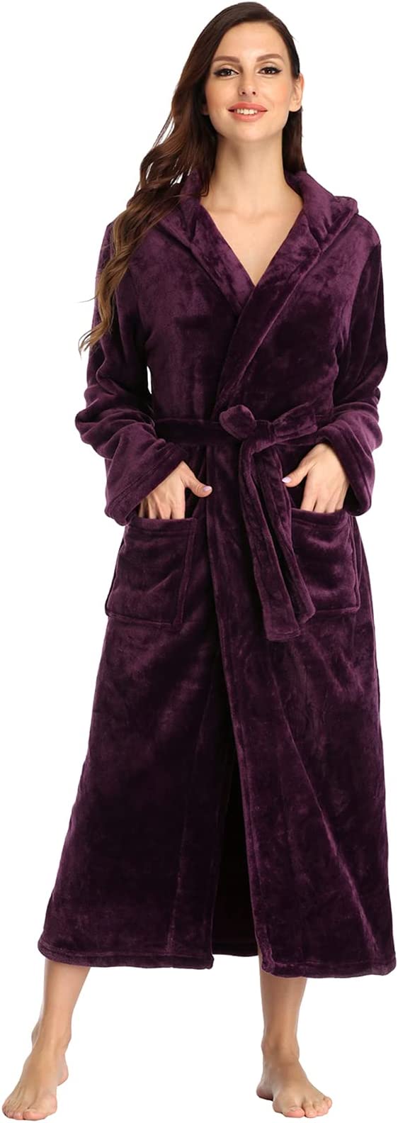 ZAKASA Plush Fleece Hooded Robes for Women Soft Fuzzy Ladies Bathrobe with Pockets