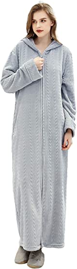 Long Hooded Zipper Bathrobe for Womens Flannel Fleece Robes Winter Warm Housecoat Nightgown Sleepwear Pajamas