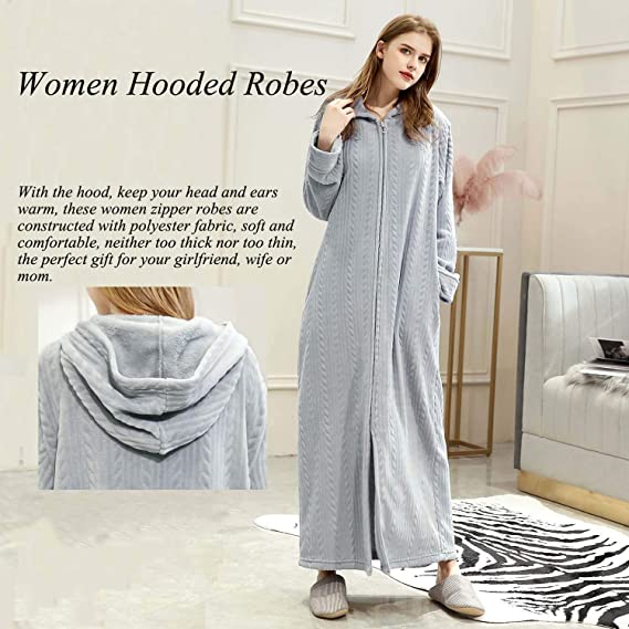 Long Hooded Zipper Bathrobe for Womens Flannel Fleece Robes Winter Warm Housecoat Nightgown Sleepwear Pajamas