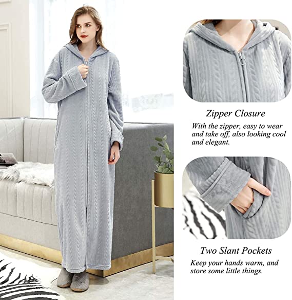 Long Hooded Zipper Bathrobe for Womens Flannel Fleece Robes Winter Warm Housecoat Nightgown Sleepwear Pajamas