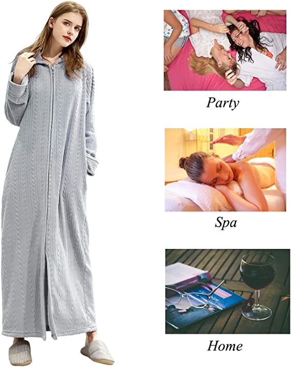 Long Hooded Zipper Bathrobe for Womens Flannel Fleece Robes Winter Warm Housecoat Nightgown Sleepwear Pajamas