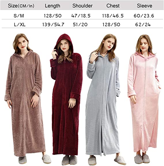 Long Hooded Zipper Bathrobe for Womens Flannel Fleece Robes Winter Warm Housecoat Nightgown Sleepwear Pajamas