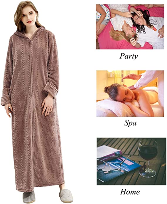 Long Hooded Zipper Bathrobe for Womens Flannel Fleece Robes Winter Warm Housecoat Nightgown Sleepwear Pajamas