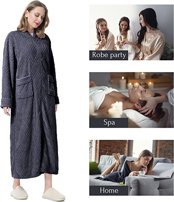 Long Hooded Zipper Bathrobe for Womens Flannel Fleece Robes Winter Warm Housecoat Nightgown Sleepwear Pajamas