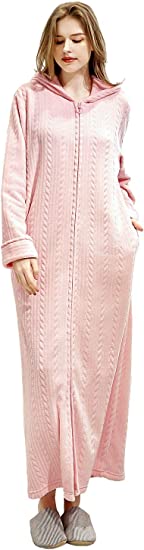 Long Hooded Zipper Bathrobe for Womens Flannel Fleece Robes Winter Warm Housecoat Nightgown Sleepwear Pajamas