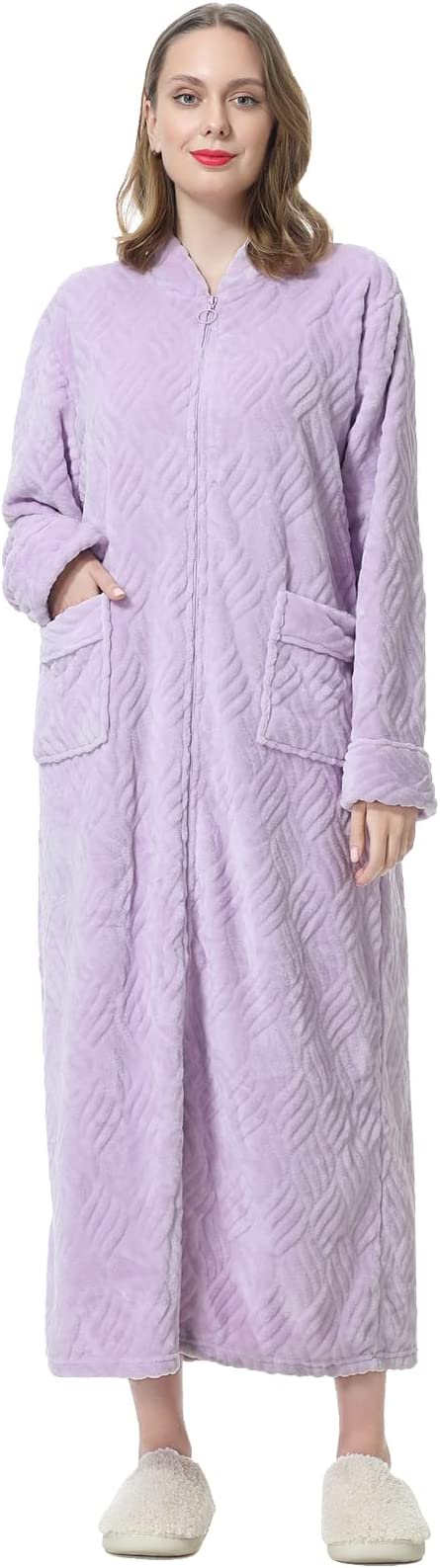 Long Hooded Zipper Bathrobe for Womens Flannel Fleece Robes Winter Warm Housecoat Nightgown Sleepwear Pajamas