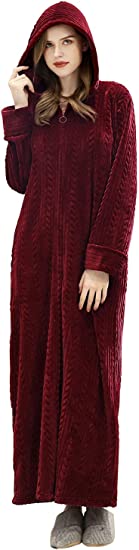 Long Hooded Zipper Bathrobe for Womens Flannel Fleece Robes Winter Warm Housecoat Nightgown Sleepwear Pajamas