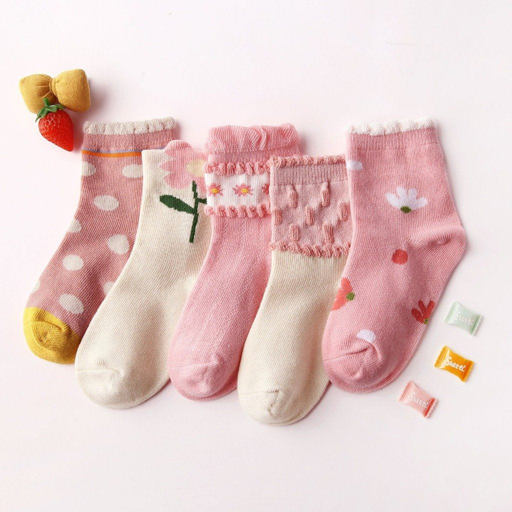 5 pairs pink floral socks