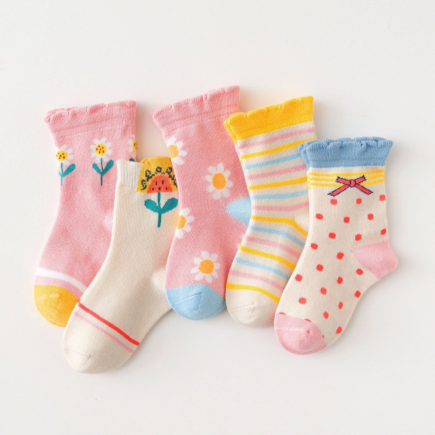 ZAKASA Spring Design Flower Pink Socks for Girls Kids, 5 Pairs