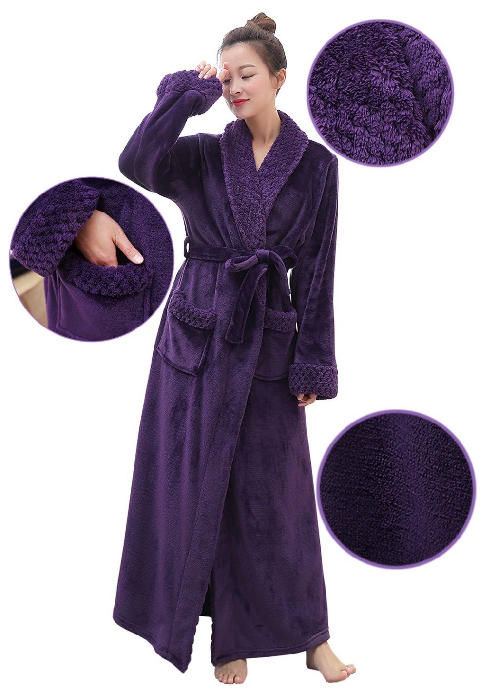 Long flannel purple bathrobe with lapel collar cuffs and 2 side pockets