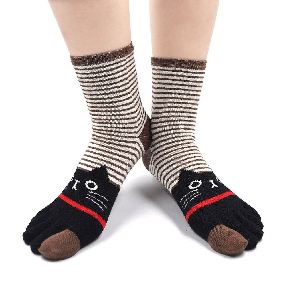 brown stripes cat design crew socks