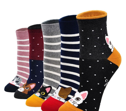 ZAKASA Cute Cat Design Socks for Women, 5 Pairs