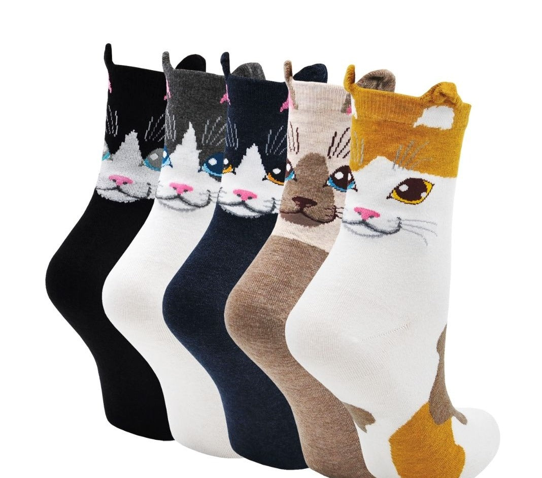 ZAKASA Cute Cat Face Design Crew Socks for Women, 5 Pairs