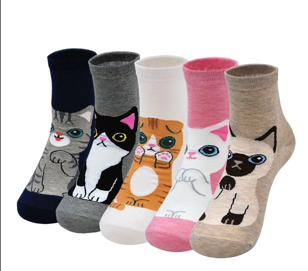 ZAKASA Cute Cat Kittens Design Crew Socks for Women, 5 Pairs