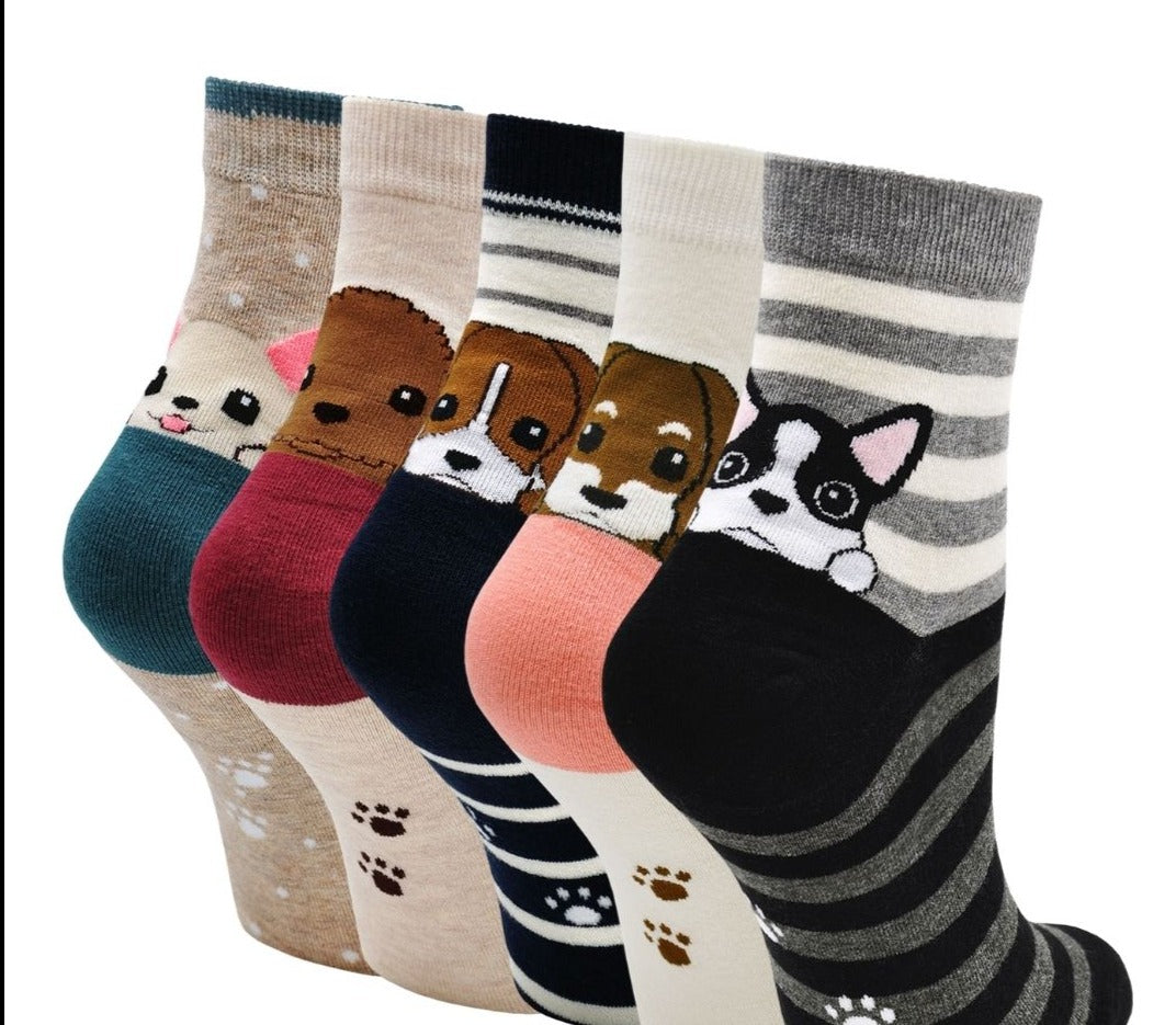 ZAKASA Cute Dog Design Crew Socks For Women, 5 Pairs