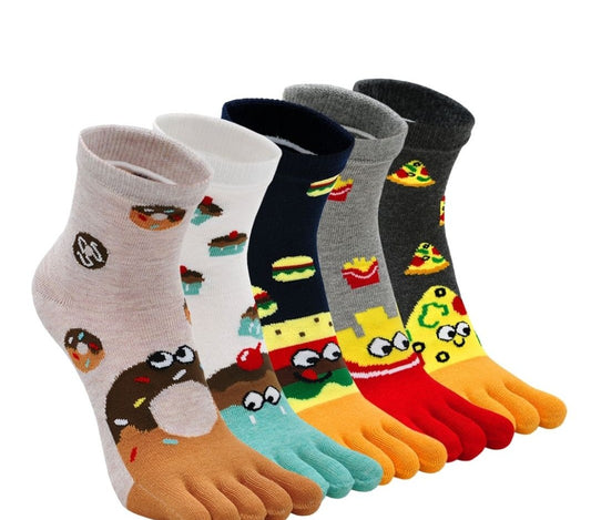 ZAKASA Cute Food Design 5 Finger Crew Socks for Women, 5 Pairs