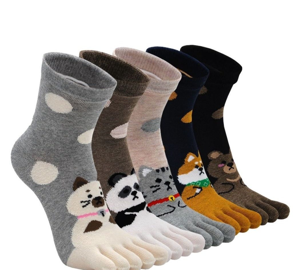 ZAKASA Cute Polka Dots Animal Design 5 Finger Crew Socks for Women, 5 Pairs