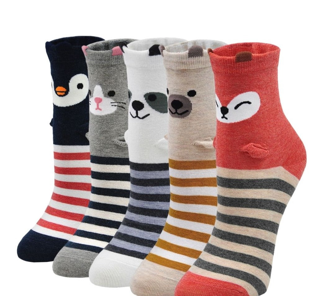 ZAKASA Cute Stripes Animal Design Crew Socks, 5 Pairs