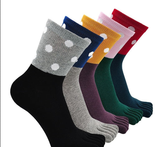 ZAKASA Polka Dots Design 5 Finger Crew Socks for Women, 5 Pairs