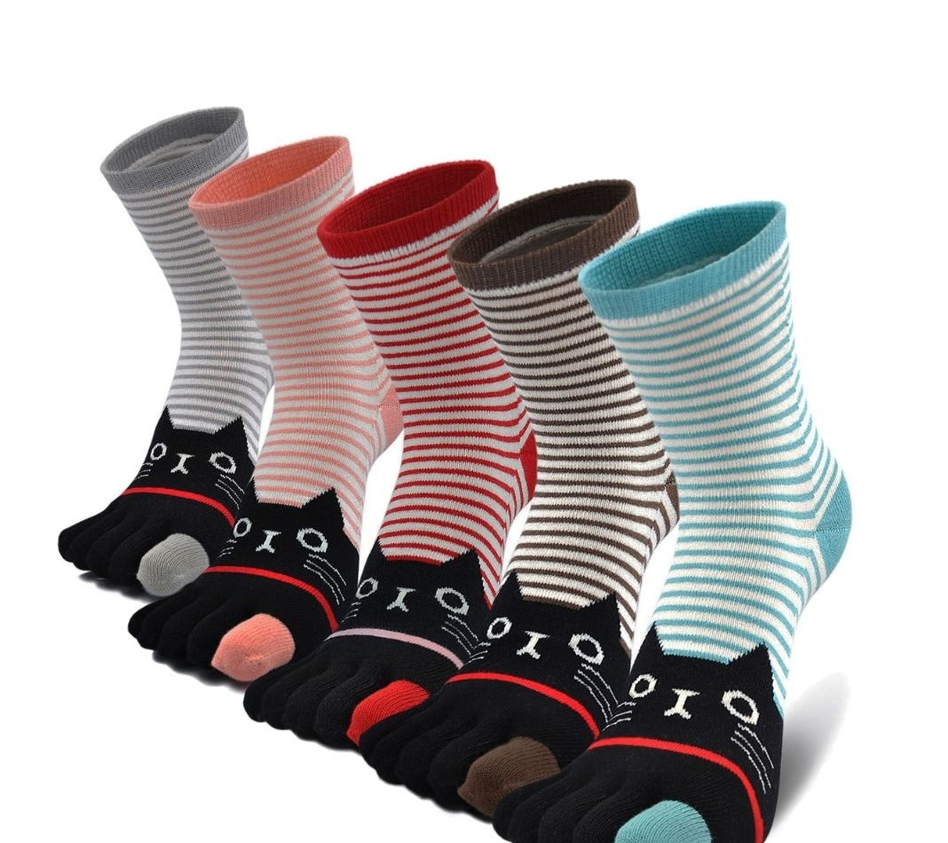 ZAKASA 5 Finger Cute Stripes Cat Design Crew Socks for Women, 5 Pairs