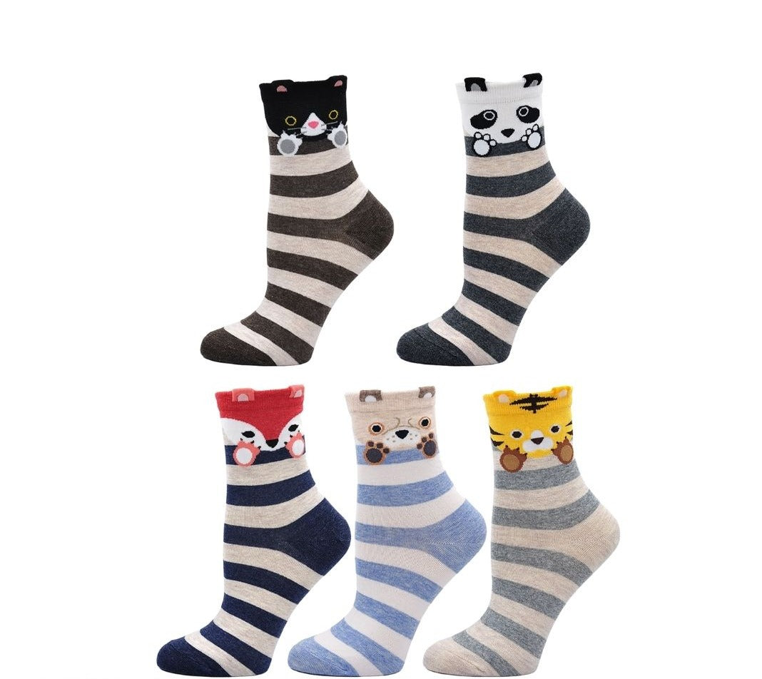 ZAKASA Cute Stripes Animal Design Socks for Women, 5 Pairs