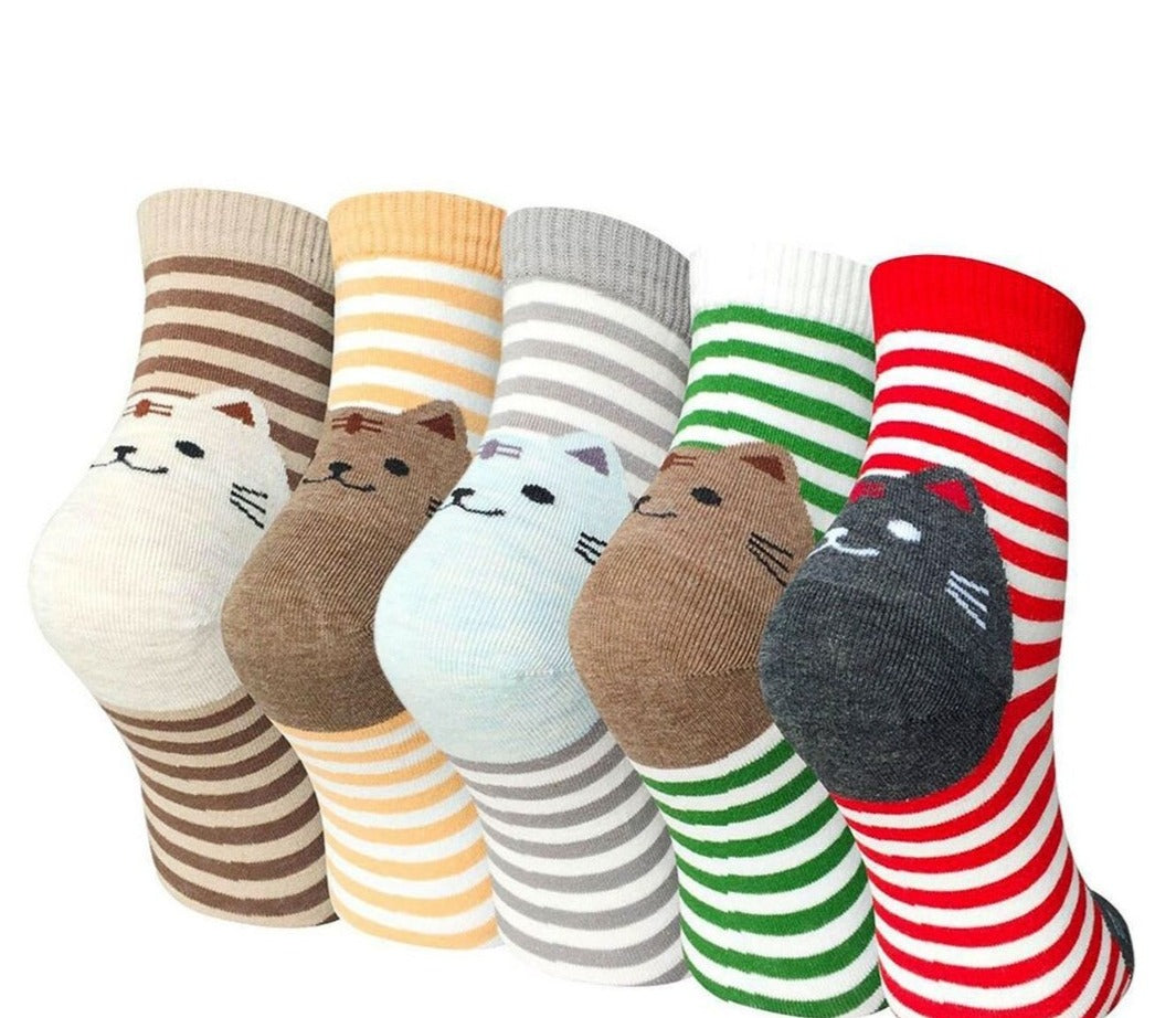 ZAKASA Cute Stripes Cat Design 5 Finger Crew Socks for Women, 5 Pairs