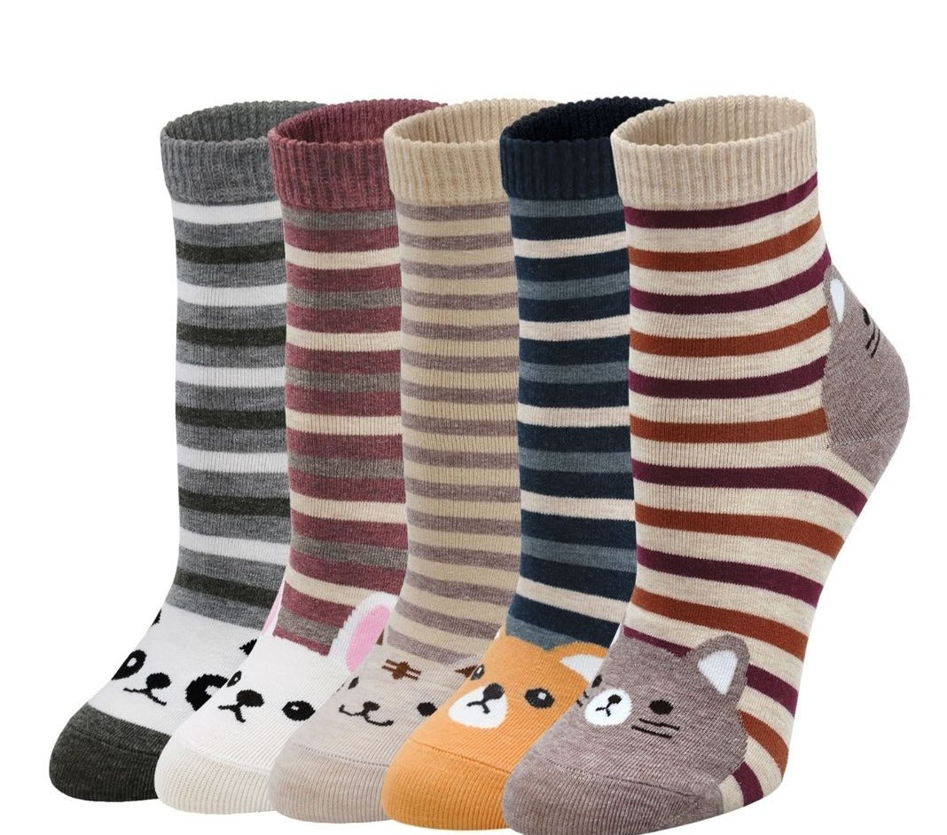 ZAKASA Cute Animal Stripes Design Crew Socks for Women, 5 Pairs