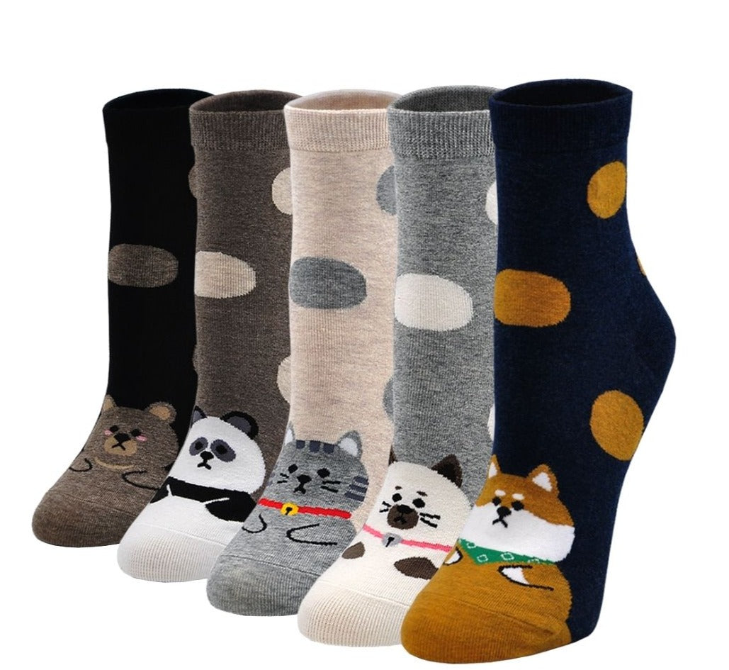 ZAKASA Cute Polka Dots Animal Design Socks for Women, 5 Pairs