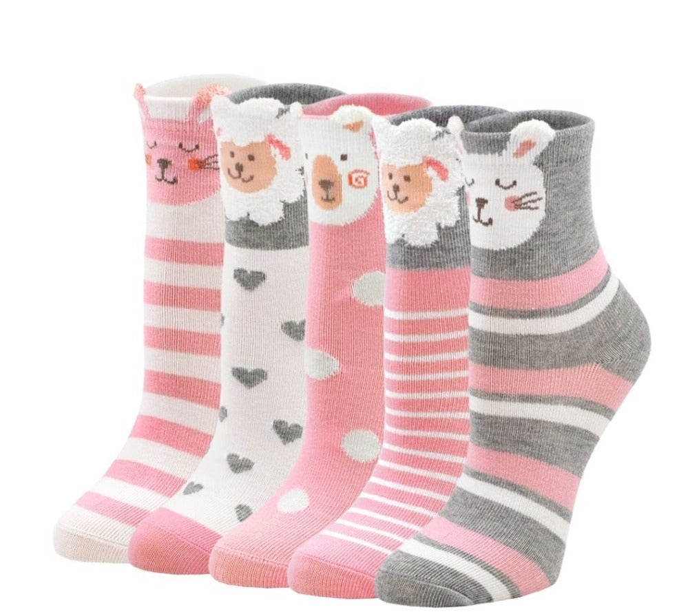 ZAKASA Cute Animal Design Pink Socks for Girls, 5 Pairs