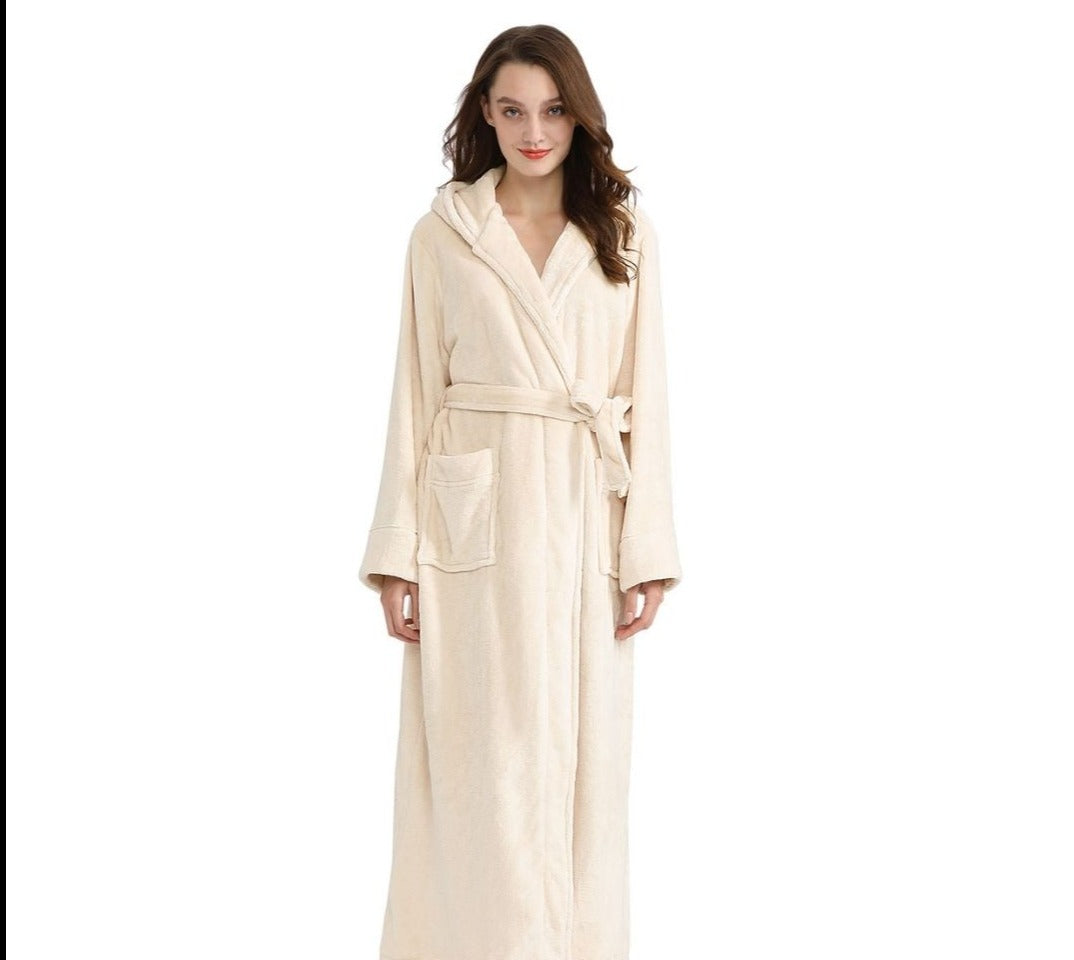 ZAKASA Long Sleeves Ankle Length Fluffy Flannel Dressing Gown Bathrobe with Hood Sleep Wear Winter Wedding Robe